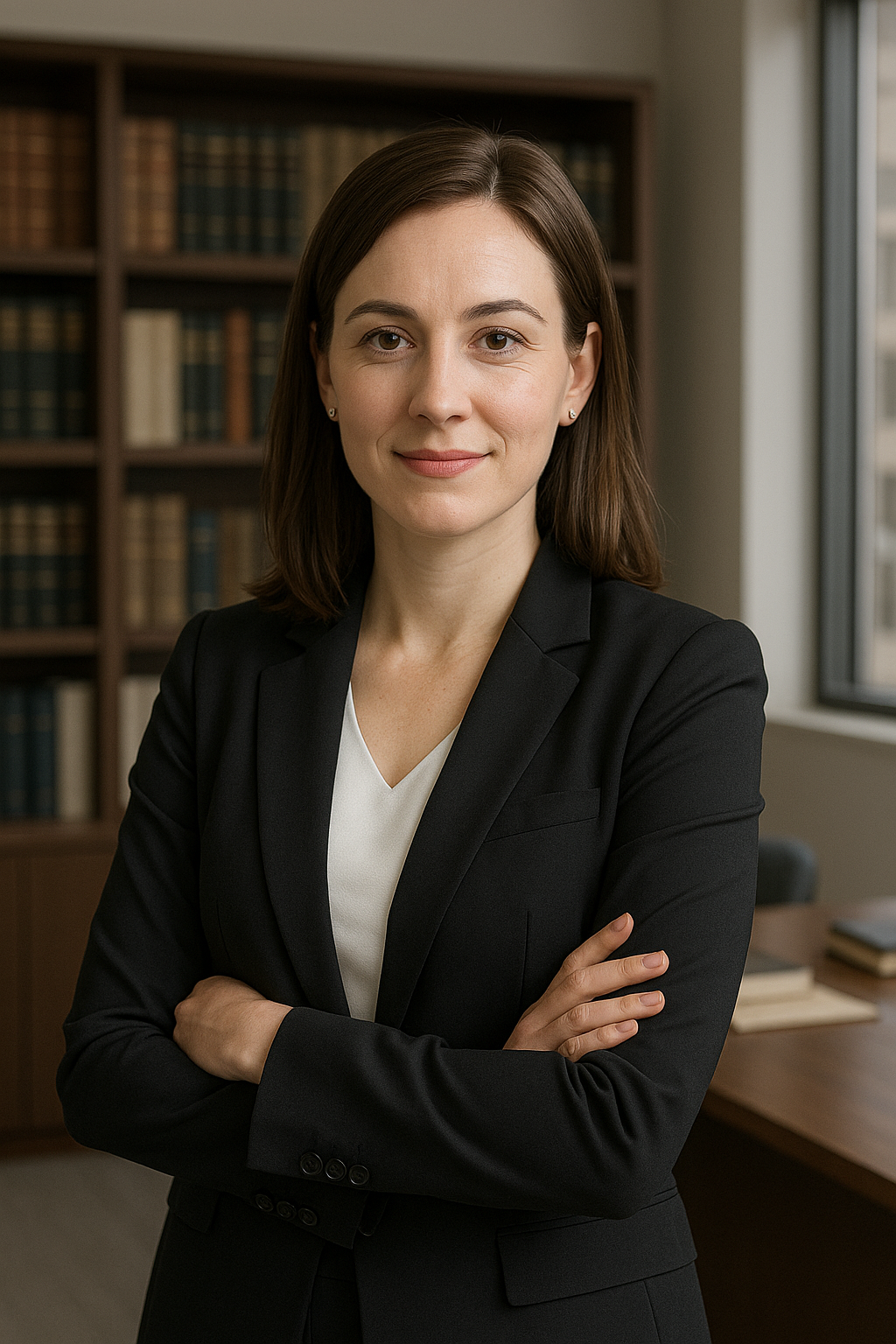A professional illustration of a female attorney in a modern law office, business attire, bookshelves in the background, neutral colors, confident and approachable expression.