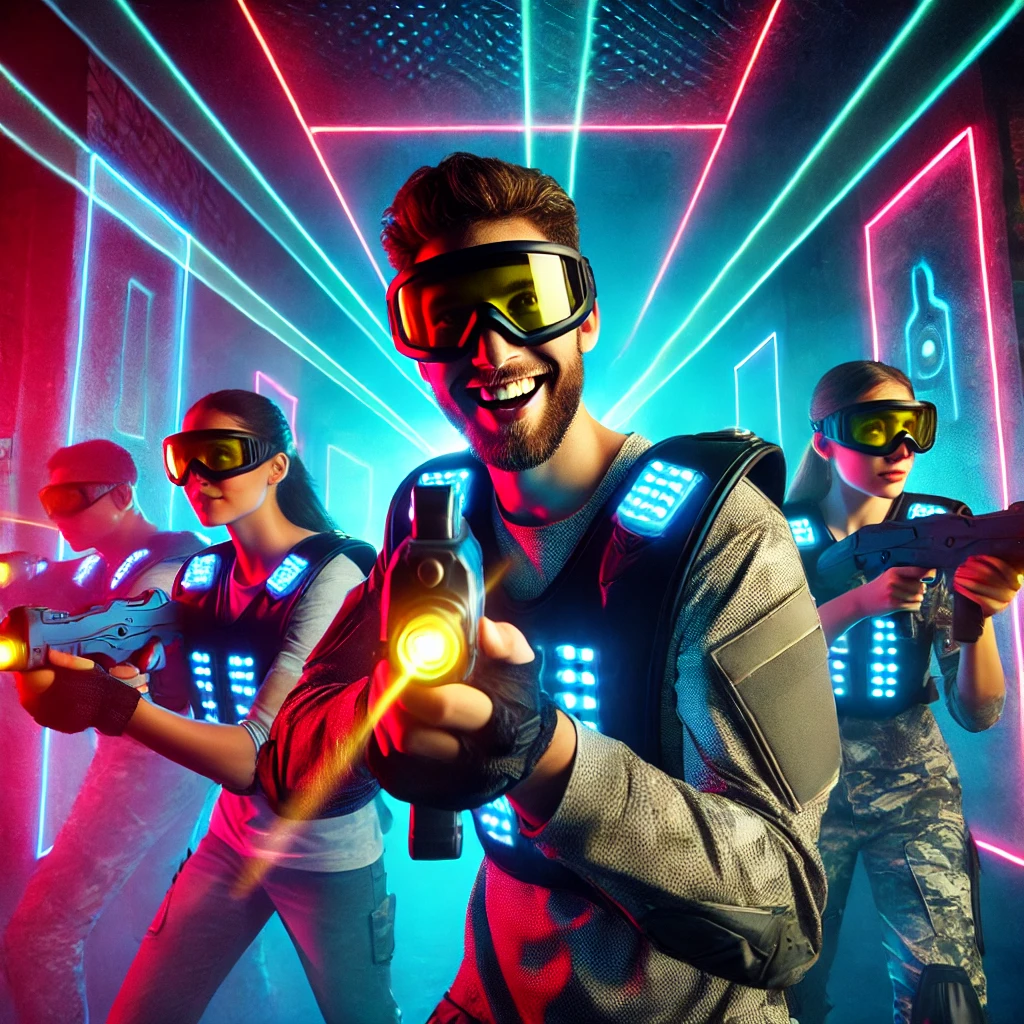 Group of excited players in a neon-lit laser tag arena, wearing futuristic glowing vests and helmets, aiming infrared laser guns amid colorful lights and mist.
